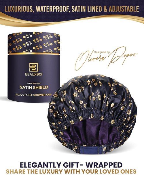 BEAUXSOI Luxury Reusable Shower Cap - Satin Lined, Adjustable & Waterproof | Floral Design (Fleur de Nuit)