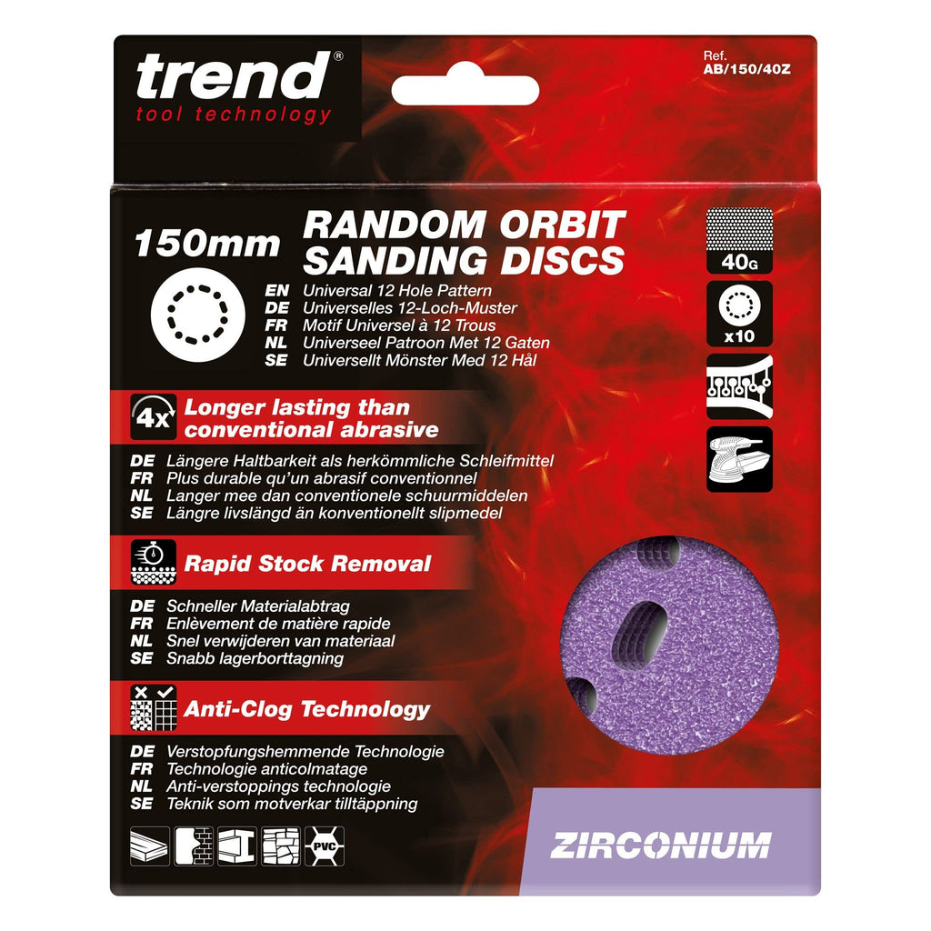 Trend Zirconium 6 Inch Random Orbit 40 Grit Abrasive Sanding Discs, AB/150/40Z, Pack of 10