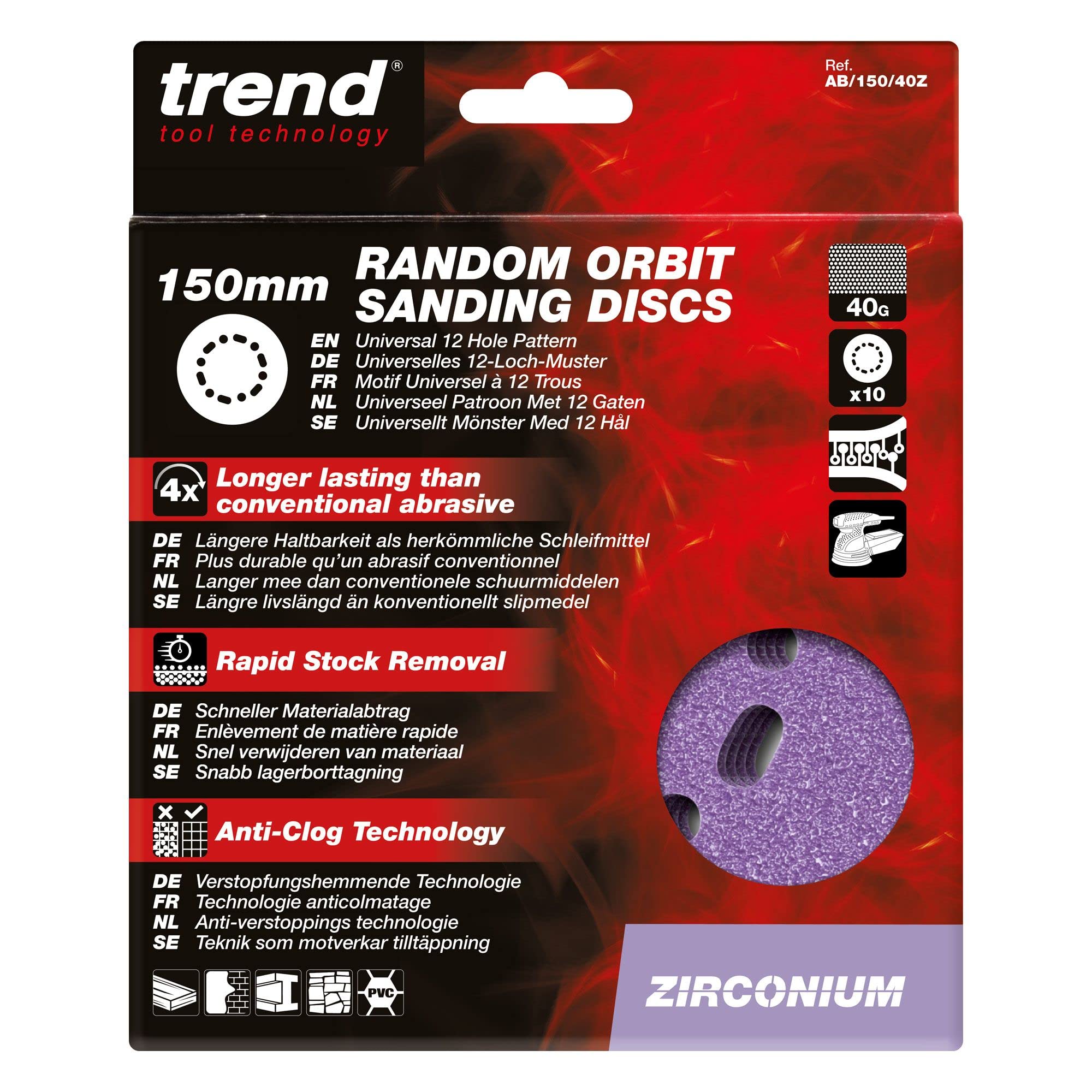 Trend Zirconium 6 Inch Random Orbit 40 Grit Abrasive Sanding Discs, AB/150/40Z, Pack of 10