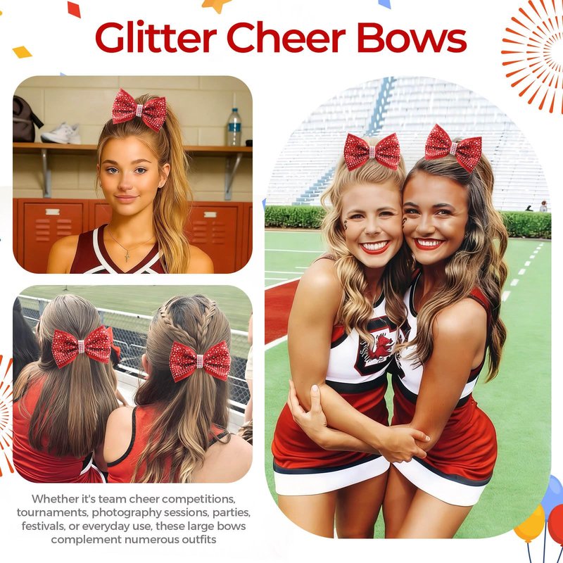 VOBOBE 16PCS Glitter Cheer Hair Bows for Cheerleading, Red Sparkle Rhinestone Cheer Bow with Ponytail Holder Elastic Hair Ties for Teen Girls Cheerleader (Red)