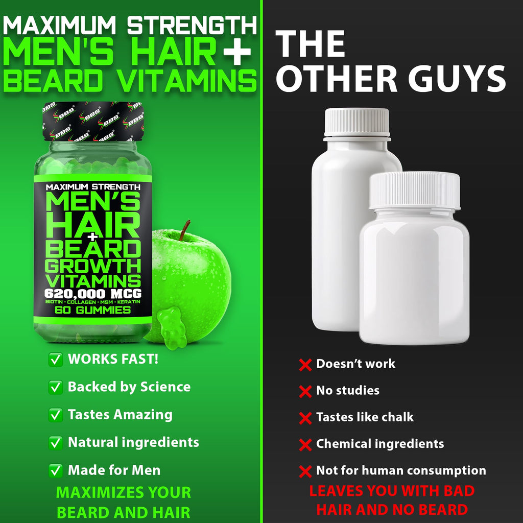 Best Beard Stuff Beard Growth Vitamins - Biotin Gummies for Beard & Hair Growth – Maximum Strength 620,000mcg Biotin with Collagen, MSM, Keratin & Bamboo Extract