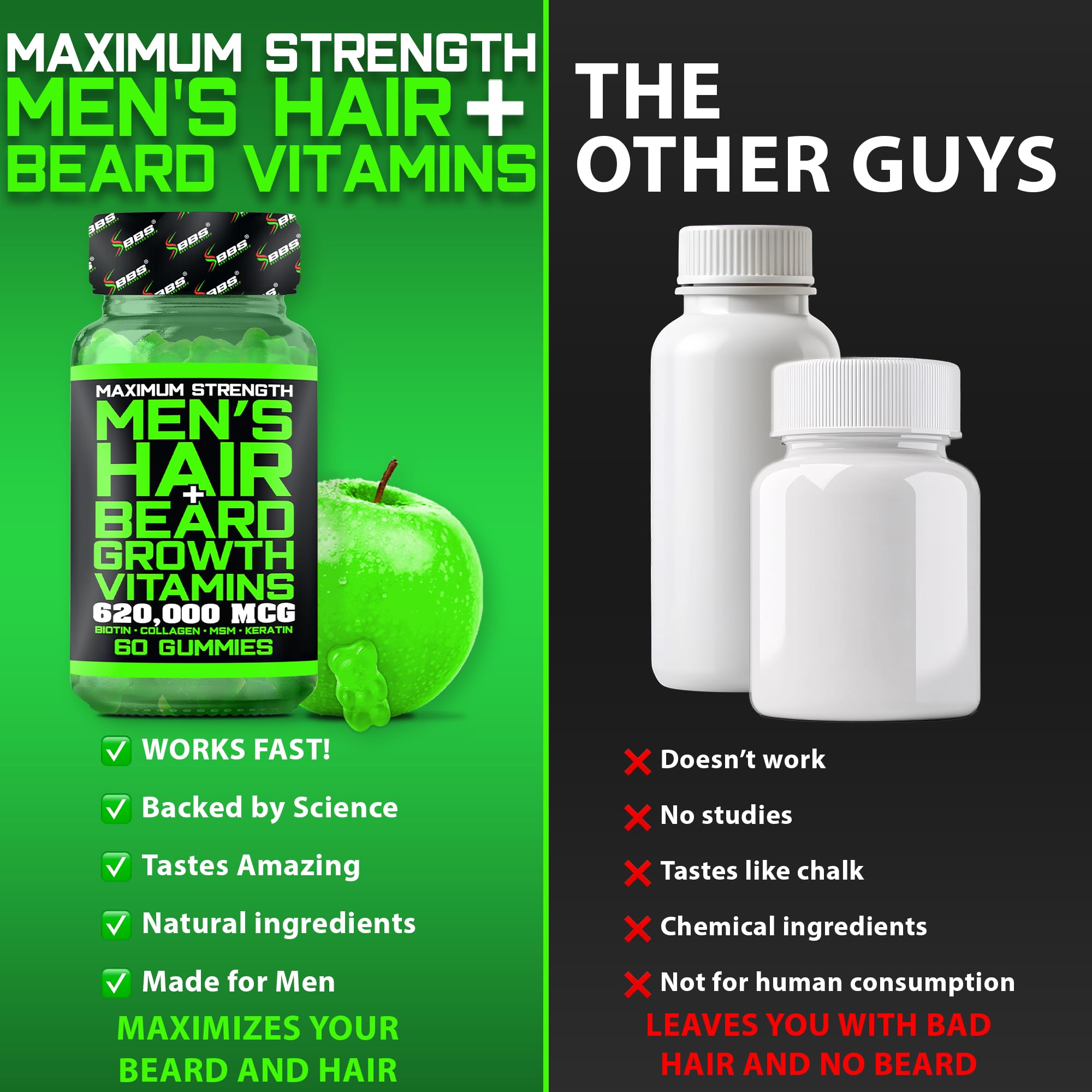 Best Beard Stuff Beard Growth Vitamins - Biotin Gummies for Beard & Hair Growth – Maximum Strength 620,000mcg Biotin with Collagen, MSM, Keratin & Bamboo Extract