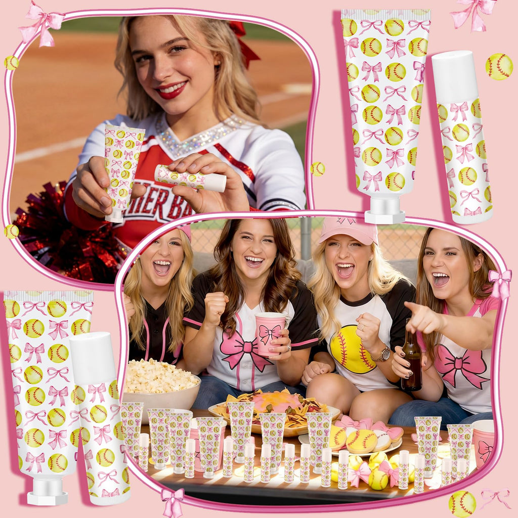 Loopeer 20 Sets Softball Team Gifts for Girls Pink Bowknot Softball Lip Balm Hand Cream Set Party Favors Sports Ball Team Members Gifts Bulk for Sports Party Supplies