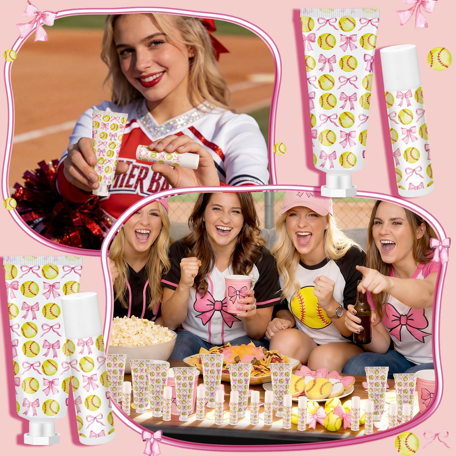 Loopeer 20 Sets Softball Team Gifts for Girls Pink Bowknot Softball Lip Balm Hand Cream Set Party Favors Sports Ball Team Members Gifts Bulk for Sports Party Supplies