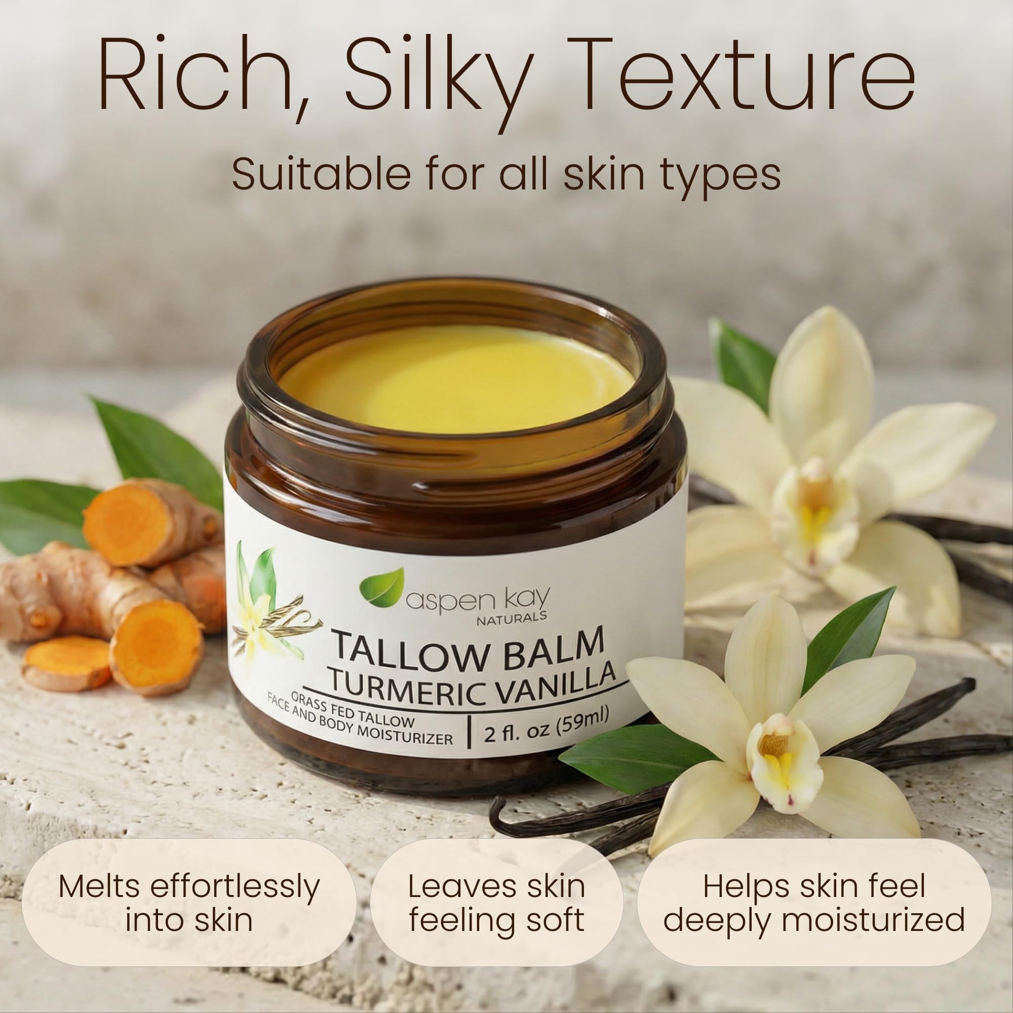 Aspen Kay Naturals Handmade Grass Fed Beef Tallow Balm with Turmeric and Vitamin C for Face and Body, Organic Vanilla Turmeric Skin Moisturizer for Dull Dry Skin, Natural Glow, 2 fl oz, Made in USA