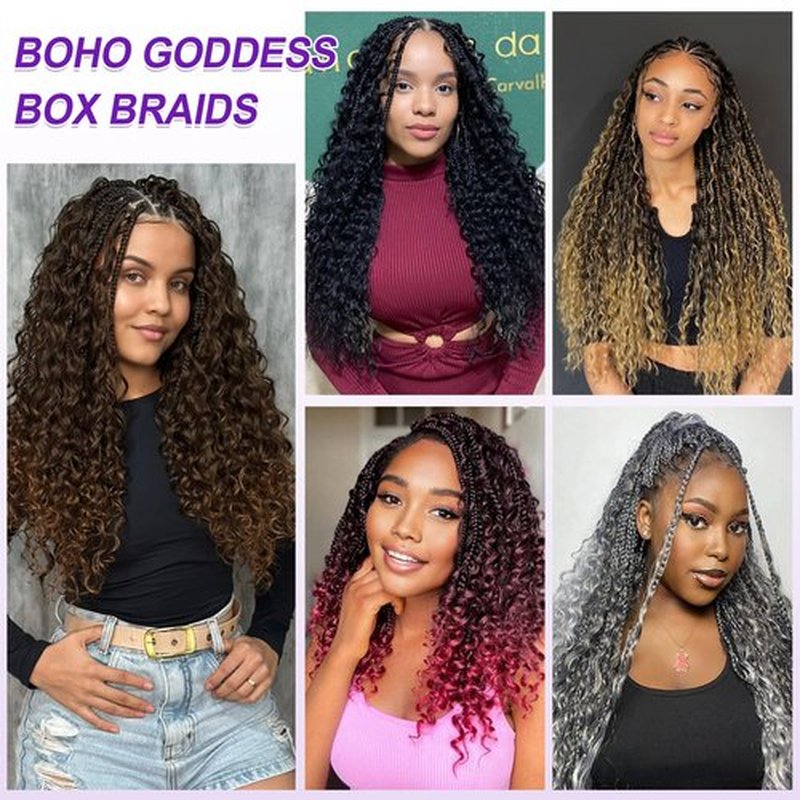 Eacia Goddess Box Braids Crochet Hair for Black Women 18 Inch Pre Looped Boho Crochet Box Braids with Curly Ends 7 Packs (18 Inch, 1B#)