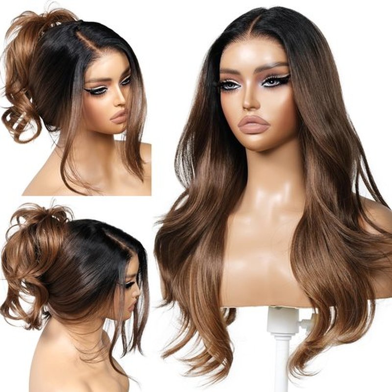 ENCOUNTERU Brown and Blonde Ombre Wig with Bangs 13x4 HD Lace Front Realistic Hairline Layered Body Wave Pre Plucked Pre Cut Synthetic Glueless Wig for Women 23 Inch