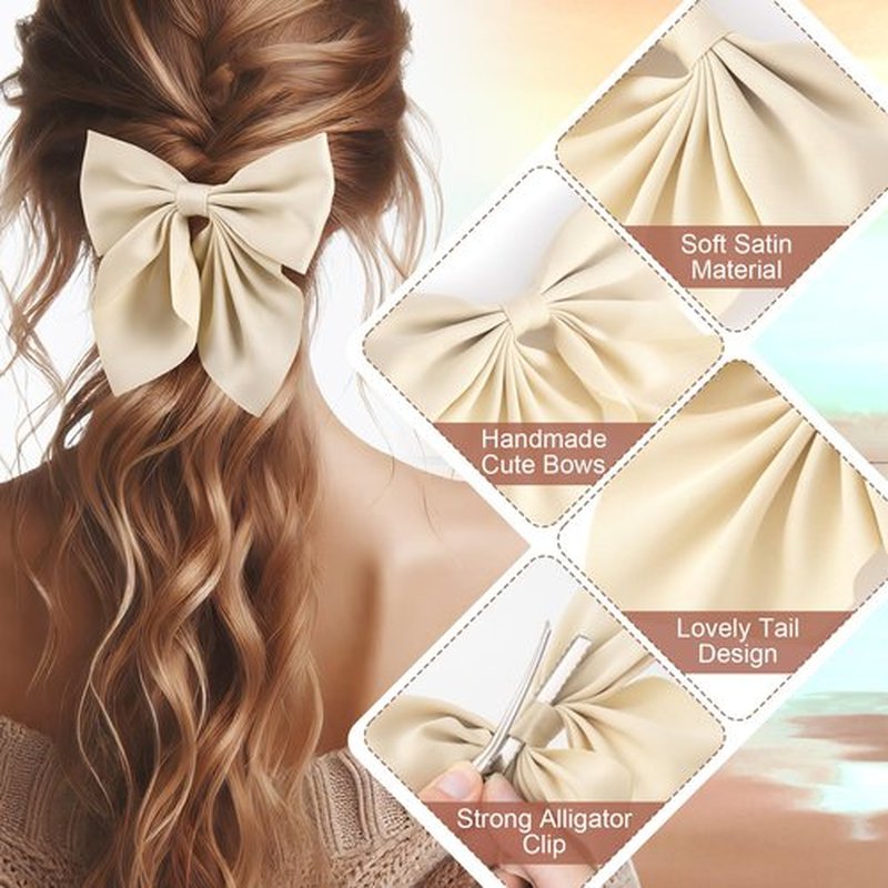 Incinkod 4 Pcs Hair Bows for Women, Short Tail Bow Hair Clips, Cute Silky Satin Womens Hair Bows, Bow Clips for Women (Black, White, Dark Brown, Light Brown)