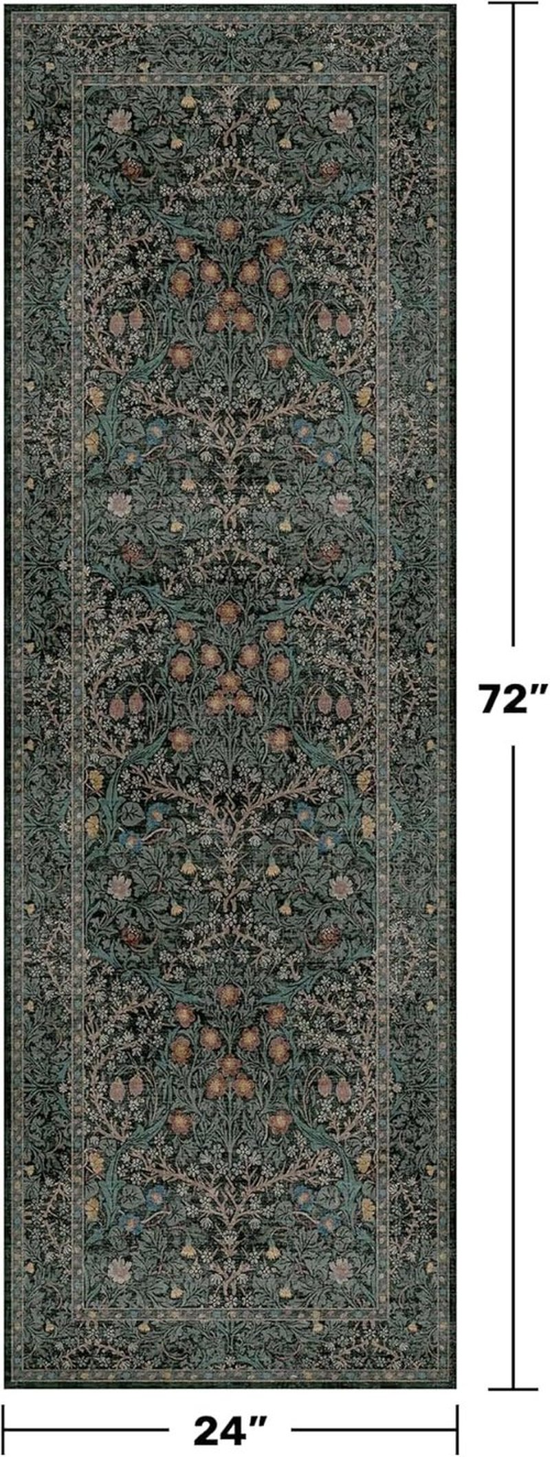 Skiennix Non-Slip Kitchen Runner Rug - Washable Dark Green Boho Floral Design | 2x6 Feet Soft Carpet