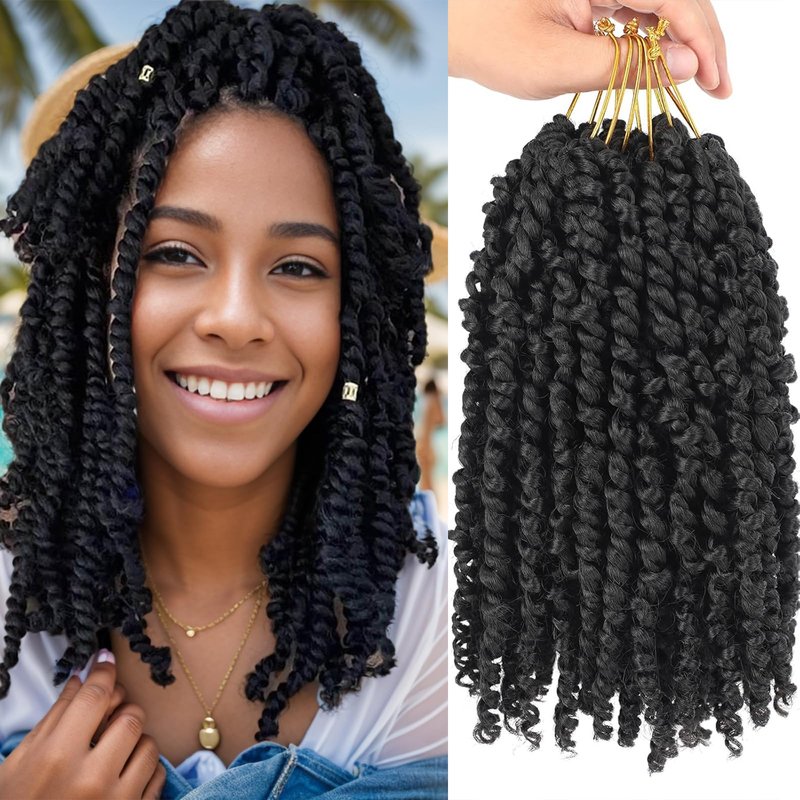 Zoewan Passion Twist Crochet Hair 10 Inch 6 Packs Pre-Twisted, Pre-Looped, Wavy, Curly, Short Bohemian Crochet Braids Hair for Black Women, Kids & Girls (10 Inch,1B)