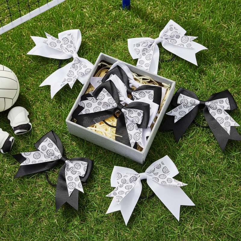 WILLBOND 10 Pcs Soccer Tennis Volleyball Hair Bows Elastic Sport Hair Tie Ponytail Holder Scrunchies Accessories Team gifts (Volleyball Style,Black,White)