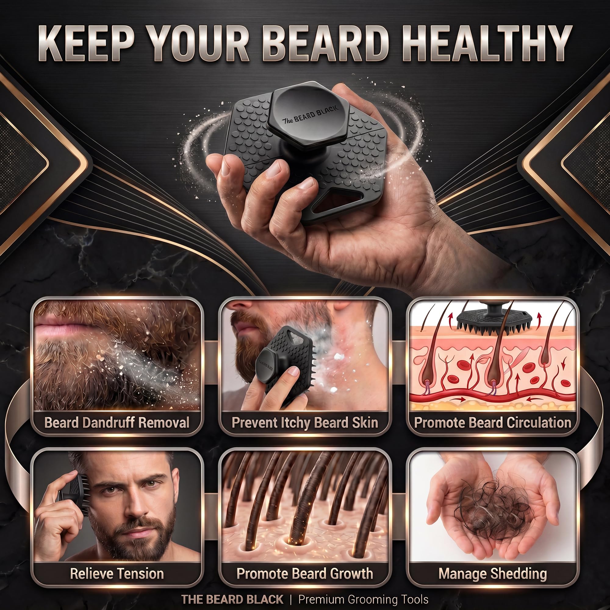 The BEARD BLACK Silicone Beard Scrubber - Deep Cleansing Beard Brush for Men - Manual Exfoliating Face Scrubber for Beardruff & Flake Removal - Soft Touch Grooming Tool for Shower & Travel