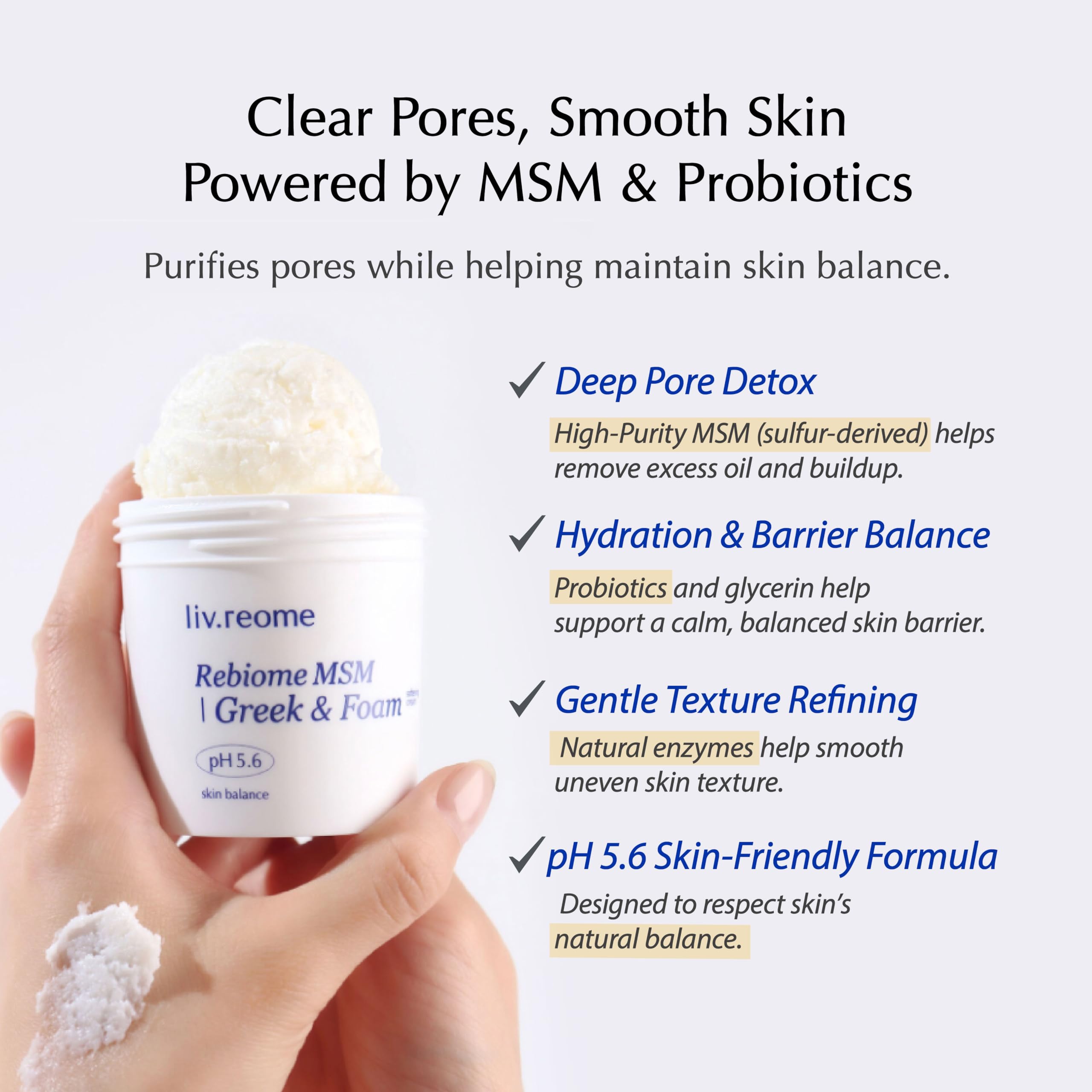 liv.reome MSM Sulfur Deep Pore Cleanser – Low pH Barrier-Respecting Face Wash, Pore Reset for Sensitive Skin