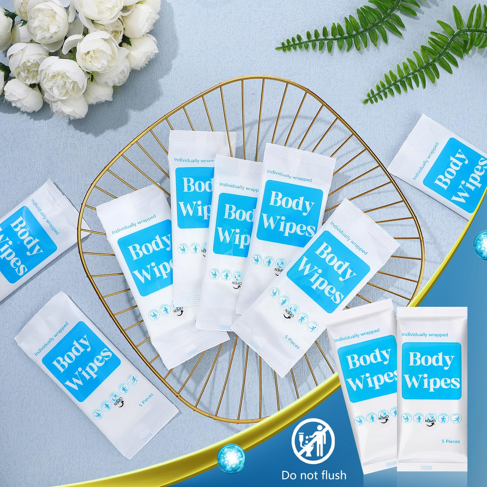 Threlaco 300 Pcs 60 Pack Body Wipes for Adults Bathing No Rinse Individually Wrapped Shower Wipes Washcloth with Aloe Cleansing Body Wash Cloths Disposable Bulk Deodorant Homeless(White Background)