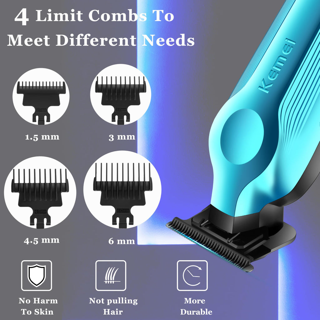 KEMEI Hair Trimmer for Men, Zero Gapped Cordless Hair Clippers Beard Trimmers with T Blade, Rechargeable Barber Clippers with LED Display, Blue
