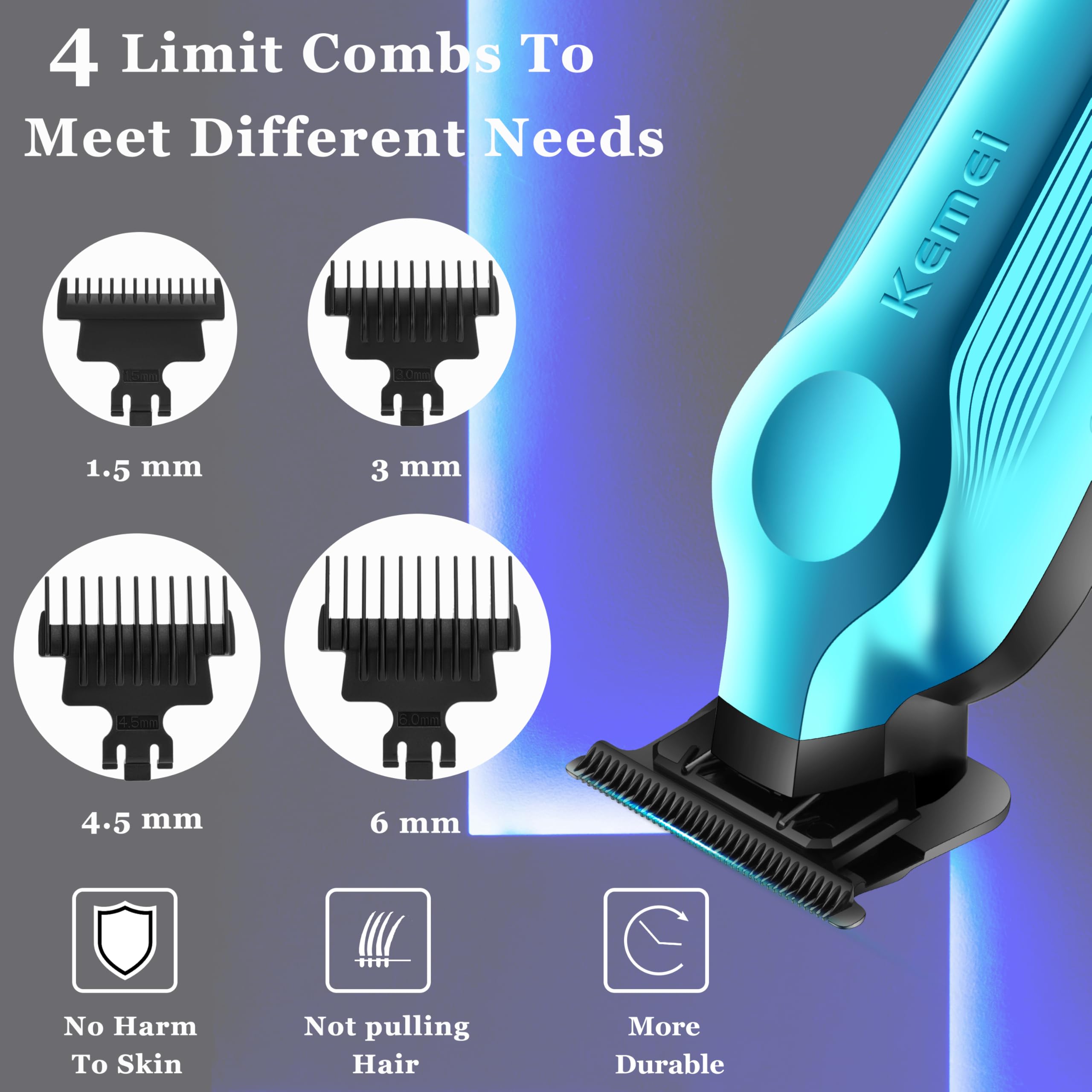 KEMEI Hair Trimmer for Men, Zero Gapped Cordless Hair Clippers Beard Trimmers with T Blade, Rechargeable Barber Clippers with LED Display, Blue
