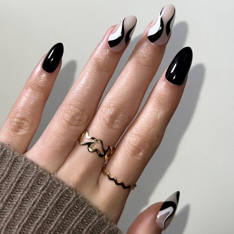 Fomkrio Black and White Swirl Print Short Press On Nails Almond Acrylic Fake Nails with Designs Spring Summer Nails for Women Girls, 15 Sizes - 30Pcs Manicure Nail Kit