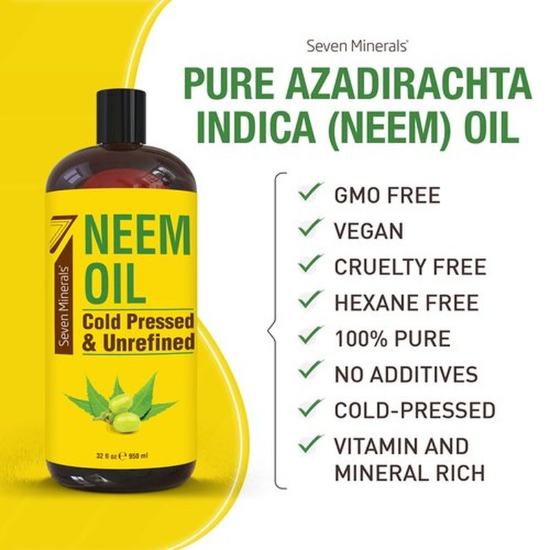 Seven Minerals Pure Cold Pressed Neem Oil - Big 32 fl oz Bottle - Non-GMO, Hexane Free, 100% Pure Neem Oil for Plants Spray, Skincare, & Haircare. Treats Dry Skin, Wrinkles, & Promotes Hair Growth