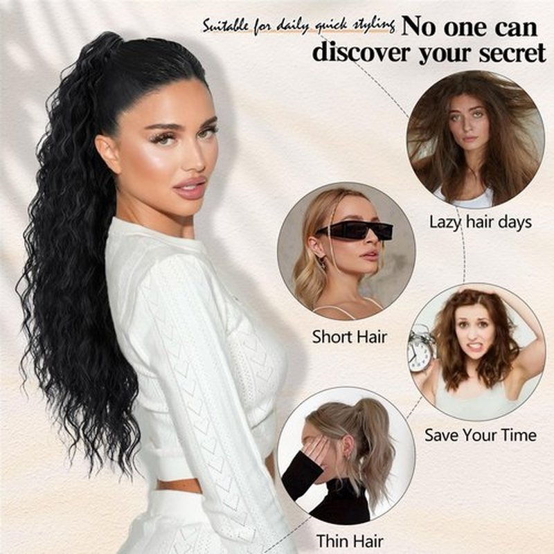 CHRSHN Claw Clip Ponytail Extension Long Black Curly Drawstring Clip in Pony Tails Hair Extensions 26 Inch Synthetic Layered Fluffy Hairpieces for Women