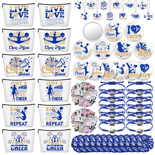 Lyrow 160 Pcs Cheerleader Gifts Bulk for Team Back to School Gift Cheer Scrunchies Hair Ties Makeup Bag Cheer Mirror Bracelet Keychain Sticker for Cheerleader Gift(Blue)