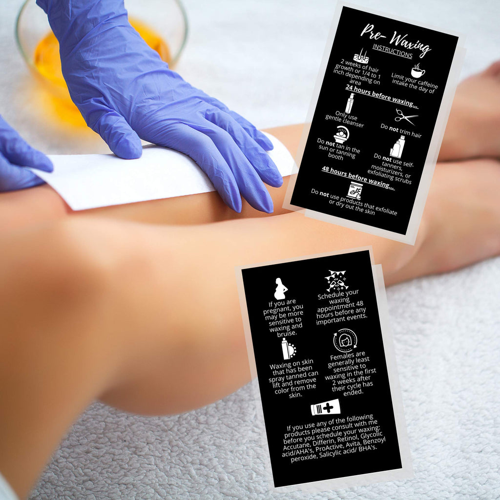 Waxing Aftercare Cards | 50 Pack | Size 2 x 3.5” inches Business Card Size | Waxing Aftercare Kit Cards PMU | Aftercare Instructions Black with Icons Design (Pre-Waxing)