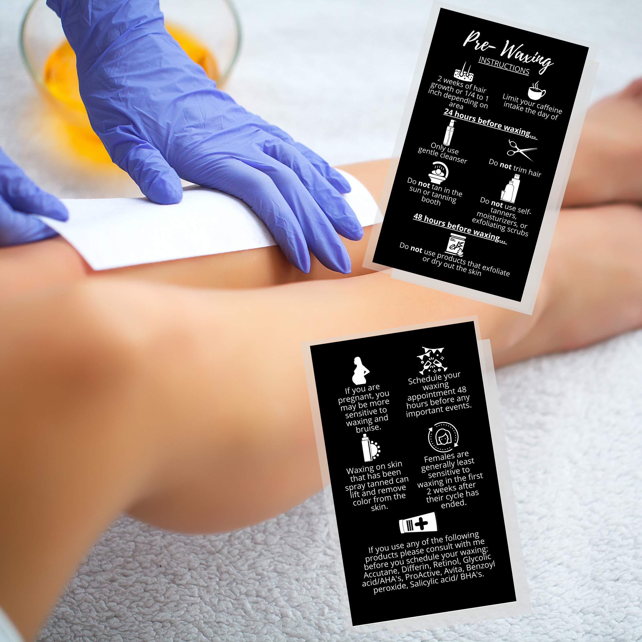 Waxing Aftercare Cards | 50 Pack | Size 2 x 3.5” inches Business Card Size | Waxing Aftercare Kit Cards PMU | Aftercare Instructions Black with Icons Design (Pre-Waxing)
