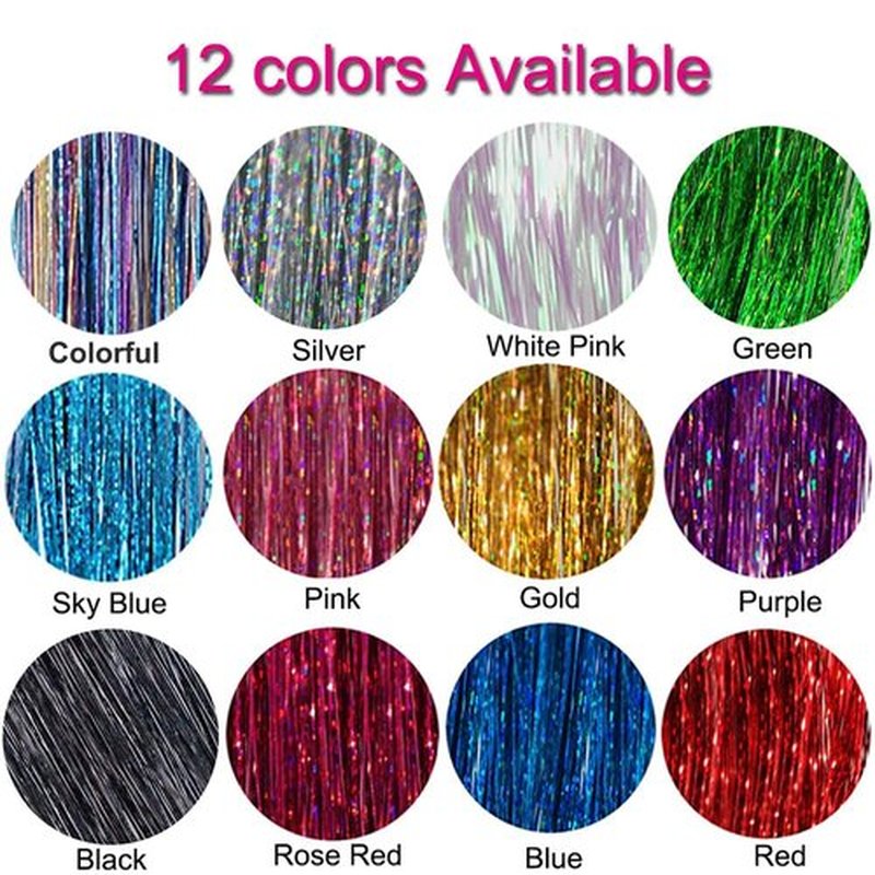 Black Hair Tinsel Kit with Tool 6pcs 1200 Strands Glitter Tinsel Hair Extensions Heat Resistant Sparkling Shiny Fairy Hair Accessories for Women Girls Kids 47Inch