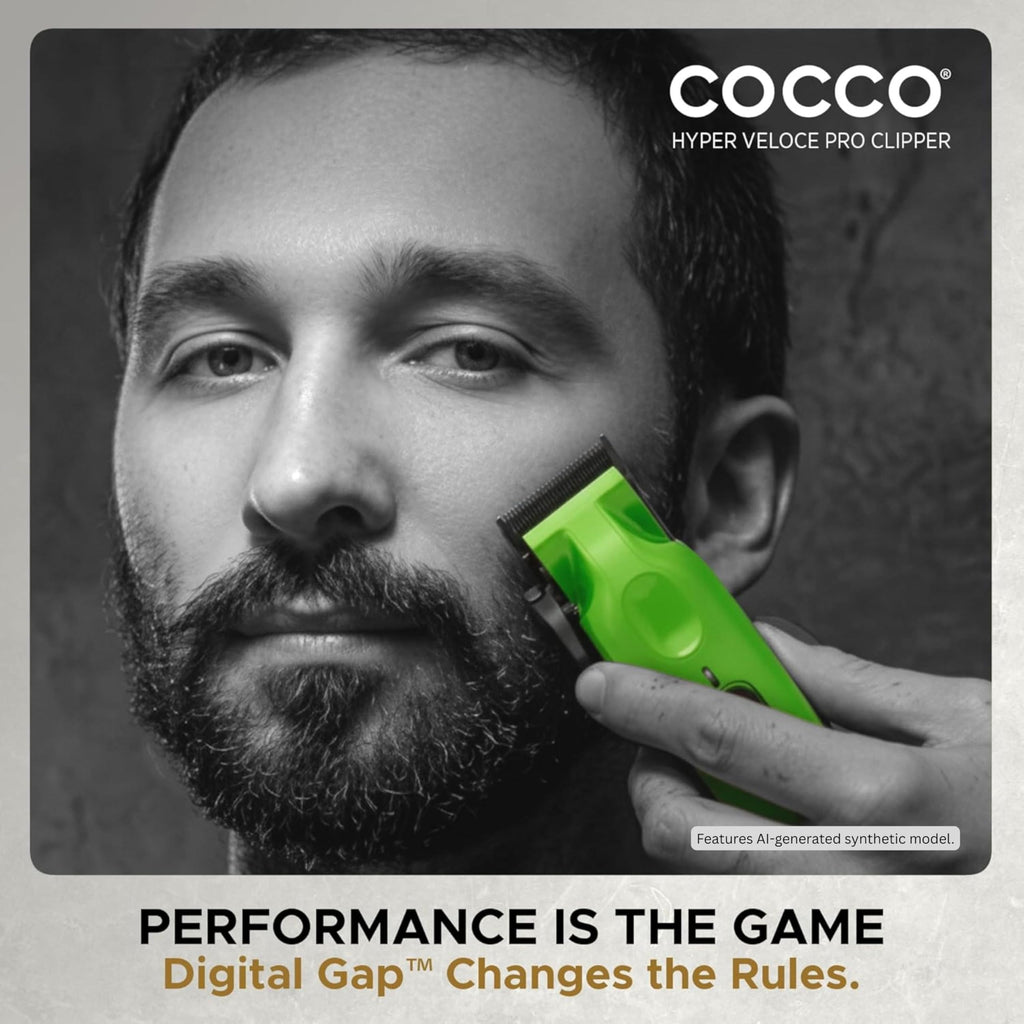 Cocco Hyper Veloce Pro Clipper, Digital Gap Ambassador Graphene Taper Blade Professional Hair Clippers, High-Torque BLDC Motor, All-Metal, Cordless, Charging Station Included (Green)