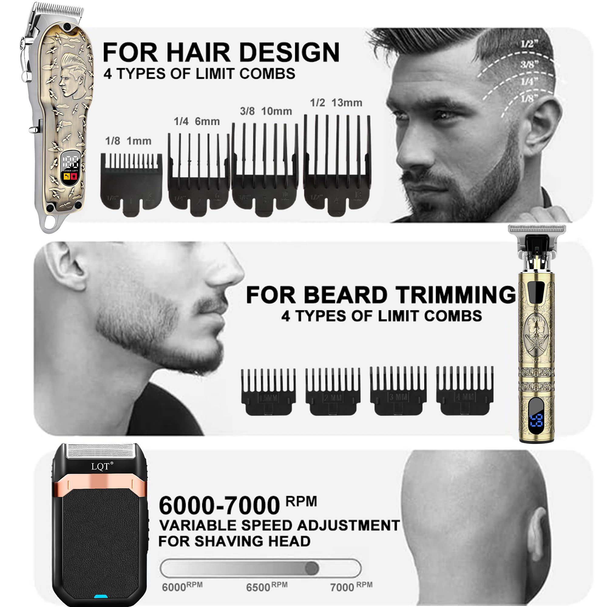 LQT Professional Barber Kit for Men, Cordless Hair Clipper, Trimmer & Shaver Set with LED Display, USB-C Rechargeable Battery,Low Noise,Grooming Gift for Husband, Father, Boyfriend (Bronze)