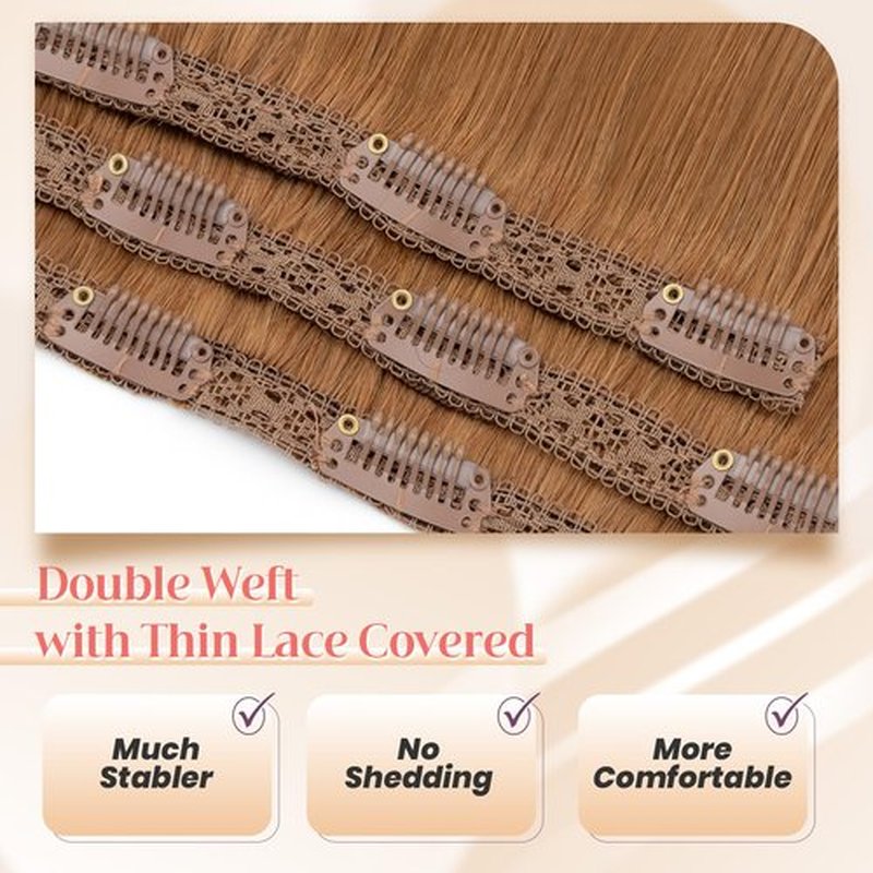 Elailite Clip in Hair Extensions Real Human Hair 3PCS Lace Weft Remy Hairpieces for Women 14 Inch 66g Light Auburn