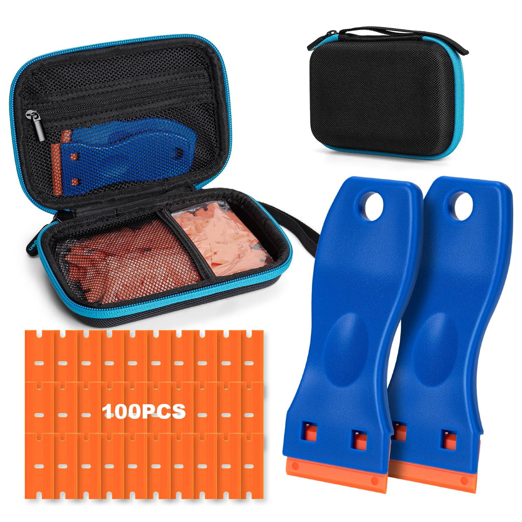 Plastic Razor Blade Scraper with Carry Case, 2 Pack Razor Scraper Set with 100 Pcs Razor Blades, Non Scratches Sticker Remover Tool for Cleaning Gaskets and Paints on Window Car Glass