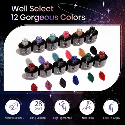 SUPWEE 12 Colors Reflective Glitter Gel Polish - Silver Pink Blue Sparkle Gel Nail Polish Shimmer Holographic Nail Gel Polish Manicure Soak Off Lamp Gel Home DIY Varnish
