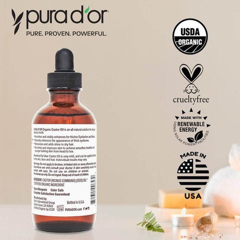 PURA D'OR 4 Oz Organic Castor Oil – Pure Cold-Pressed, Hexane-Free, USDA Certified – Lashes, Brows, Hair, Scalp, Skin – Botanical Moisturizer Supporting Softness, Strength, Hydration, Shine & Radiance