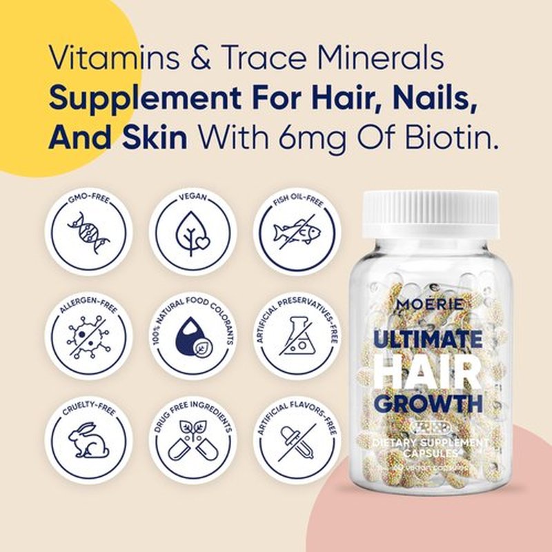 Moerie Ultimate Hair Growth Supplements for Women & Men - Hair, Skin, Nails Vitamins with Biotin & Minerals for Hair Health - Thicker Hair - 60 Capsules