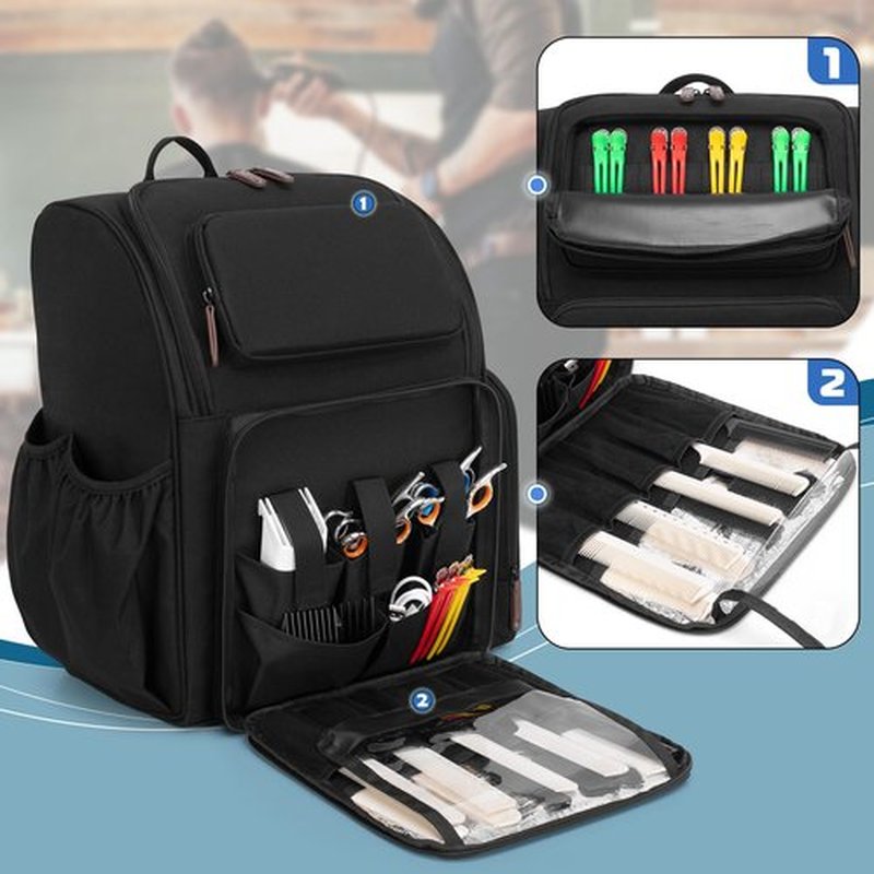 BAFASO Large Capacity Insulated Barber Case with a Semi Detachable Divider and 2 Removable Pouches, Hairstylist Traveling Bag with Multiple Pockets Holds Barber Styling Tools, Black