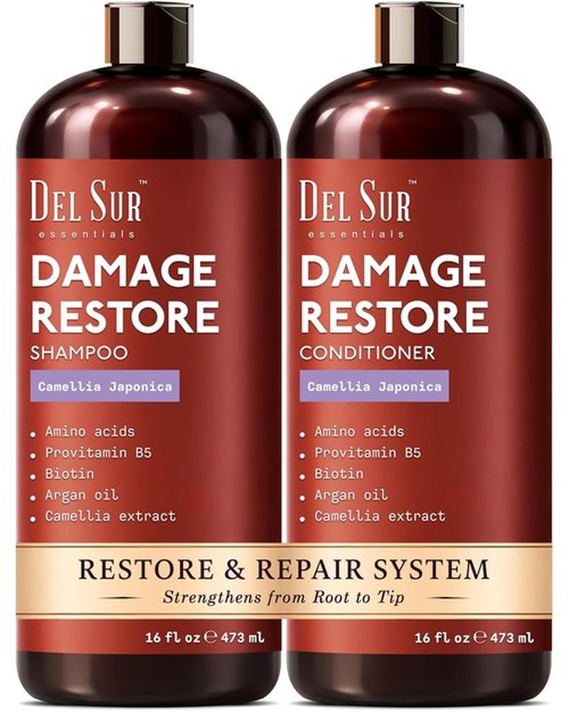 DEL SUR Hair Repair Shampoo & Conditioner Set - 16 Fl Oz Each | Moisturizing Formula with Biotin & Argan Oil for Damaged Hair