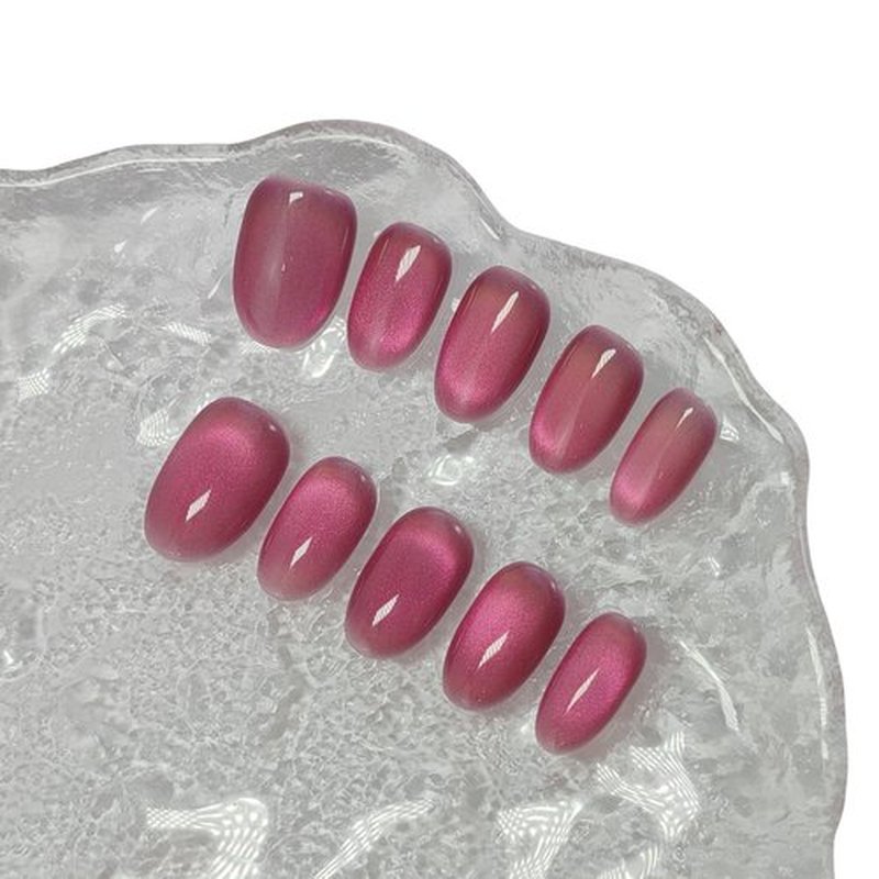Cat Eye Press on Nails Handmade Short Oval/Square/Round False Nails with French Tip/Aurora/Magnetic Shimmer Designs (Jelly#Rose Queen, Medium)