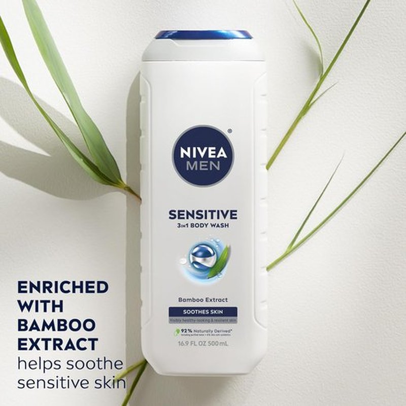 NIVEA MEN Sensitive Body Wash - Moisturizing Shower Gel with Bamboo Extract | 16.9 Fl Oz, Pack of 3