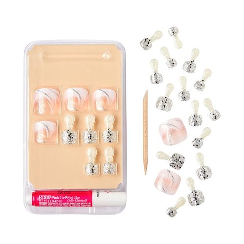 GoldFinger Press On Toenails Regular Fit White Glitter French Design, Squoval Shape, Long Lasting Nail Glue Included, Glue On Toe Nails (Perfect Match) for Beach, Vacation, Special Occasion