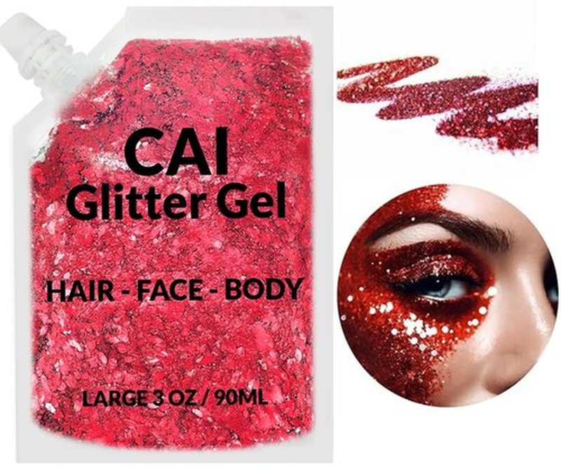 Face, Body & Hair Glitter Gel – Halloween Glitter for Kids and Women – 3 Oz Cosmetic-Grade Gel w/Moon & Stars for Festivals & Halloween Party, Easy Apply & Wash Off - Red 1Pack