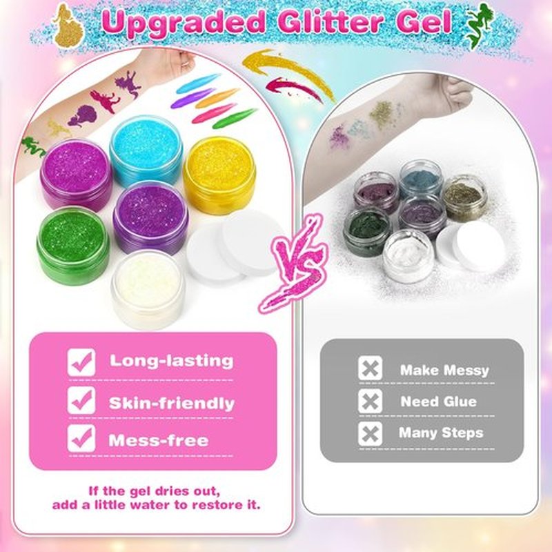 Dreamon Temporary Glitter Tattoo Kit for Kids with 6 Colors No-mess Glitter Gel, 325 Unique Stencils - Adult & Kids Body Art Glitter Make Up Kit - Gifts for Girls Boys Christmas Birthday Summer Party