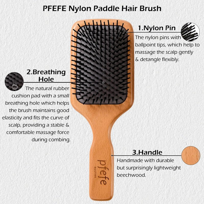 Wooden Paddle Hair Brush - Square Detangling Reducing Breakage Hairbrush for Men & Women, Beechwood Air Cushion Brush with Travel Bag for Thick, Curly, Wet, Dry Hair