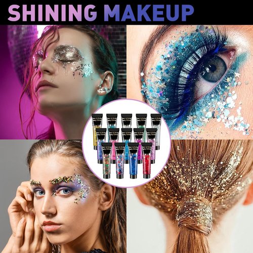 AROIC 14 Colors Body Glitter, Face & Hair Glitter Gel Set for Festival, Eye Shimmer for Women Glow in the Dark Rave Accessories Party Supplies, Face Paint Hair/Cheek/Eyelid Sparkle Makeup-18ml/Tube