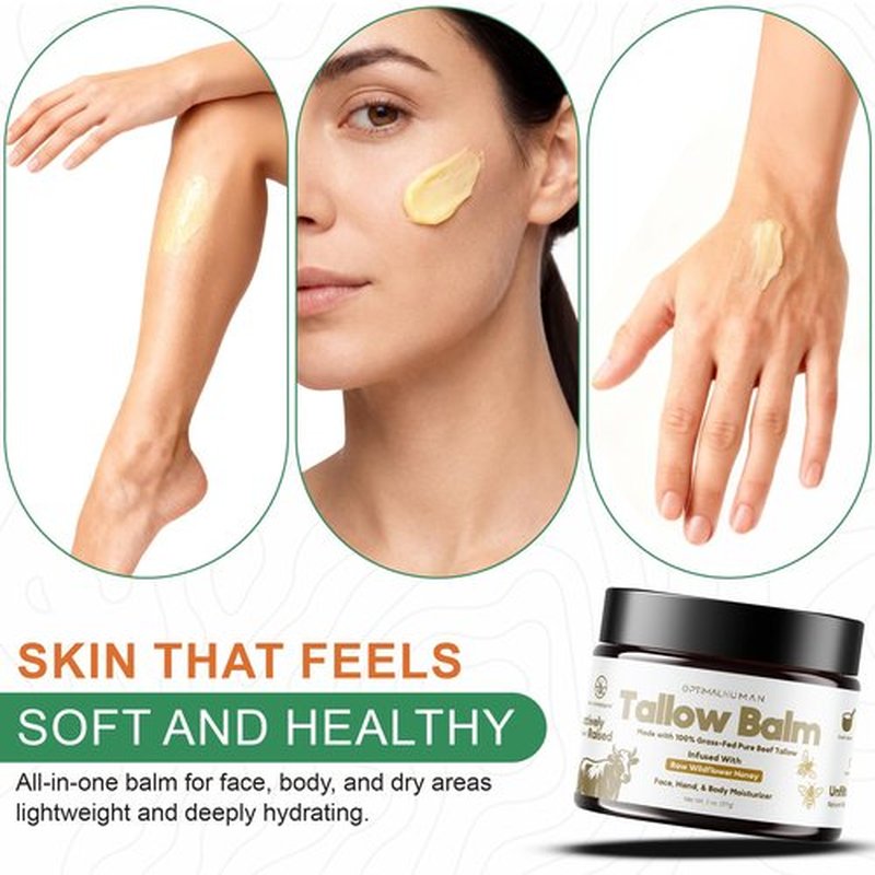 O H Optimal Human Raw Wildflower Honey Balm (2 Oz) – 100% Grass-Fed Beef Tallow Balm - Body and Face Tallow Moisturizer - Non-Comedogenic, Ultra-Clean Formula For Moisture and Hydration