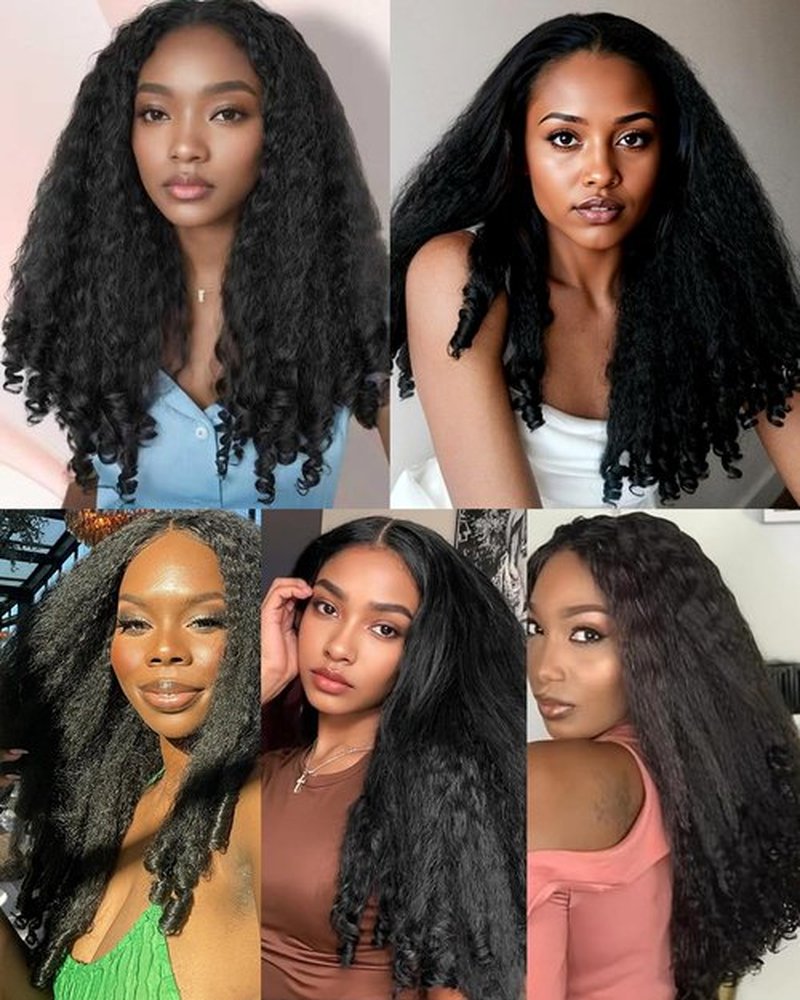 Cemuto Afro Curly Wig V Part Kinky Straight with Bouncy Curly Ends Fluffy Bouncy Hair Wigs Natural Black 24 Inch for Black Women