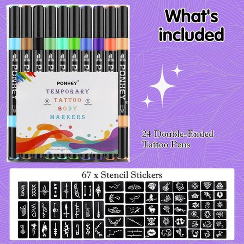 Ponhey Temporary Tattoo Markers for Skin, 24 Body Markers+67 Large Tattoo Stencils,Dual-End Tattoo Pens,Fine Lines with Cosmetic-Grade,Flexible, Skin-Safe Face Paint Kit for Kids Teenage Adults