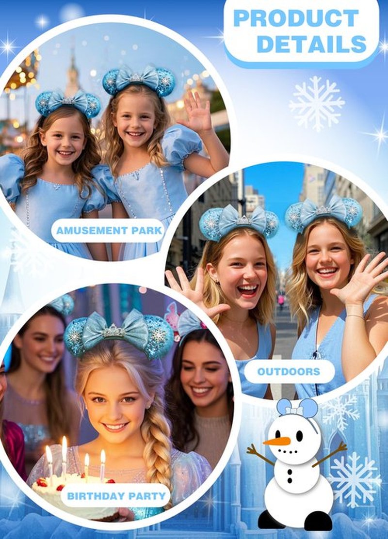 Snowflake Costume for Girls Adult Women Princess Dress up 4-6 Accessories Birthday Party Decorations Kids Favors Toys for Age 4-7 Mouse Ears Headband