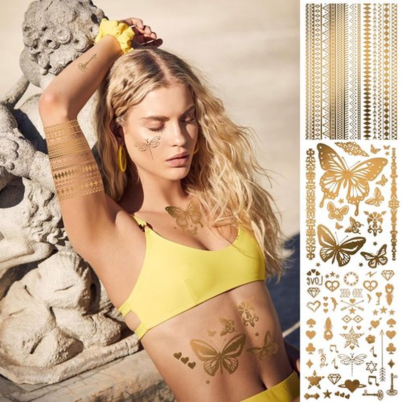 DPKOW 9 Sheets Gold Temporary Tattoos Metallic Moon Star Butterfly Glitter Tattoos Flash Fake Waterproof Tattoo Stickers for Women Girls Body Art