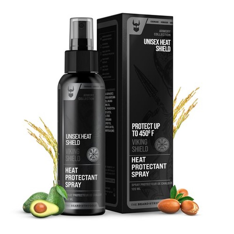 Beard & Hair Heat Protectant Spray - Viking Shield Beard Spray for Men, Protects Hair from Heat Damage of Straightener and Styling - Argan Oil Thermal Protector Spray - Protect Up To 450º F - 4 Fl Oz