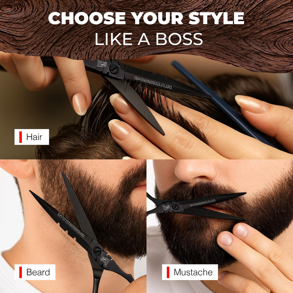 Bossman Professional Barber Scissors - 5.5 inch - Black Stainless Steel Hair Shears - Beard and Mustache Scissors for Men - Barber Shears for Hair Cutting and Trimming